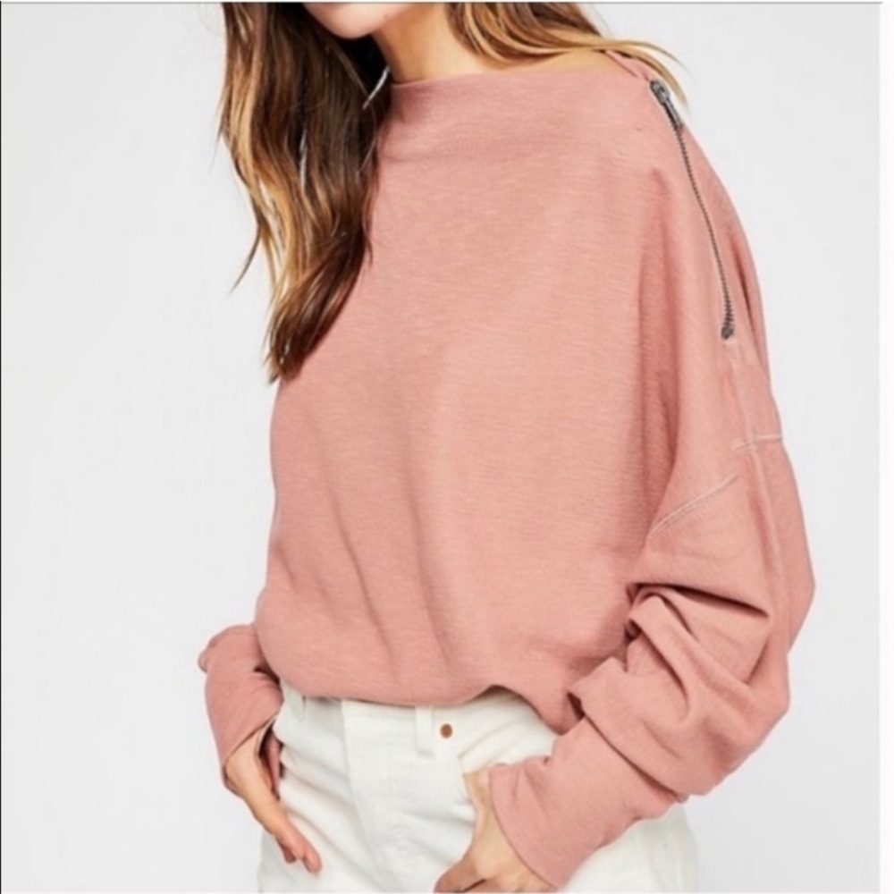Free People Pink Blush Rose Zipper Shoulder Draped Neckline Top Blouse